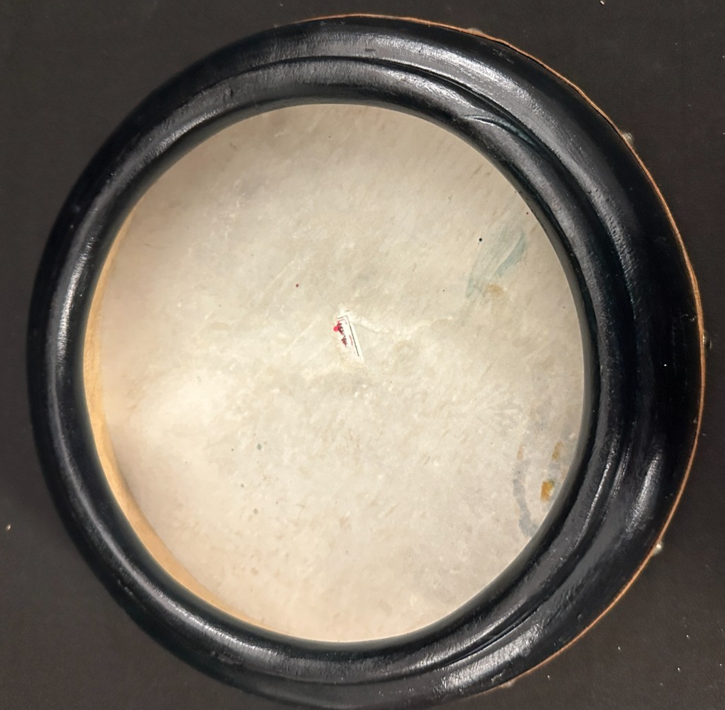 Indonesian 9" Lizard Frame Drum, wood, black with painted skin head, 2in deep - Image 7