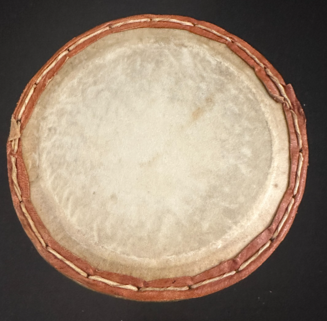 5" Talking Drum with skin heads, brown leather at stitching and ropes 10"H - Image 6