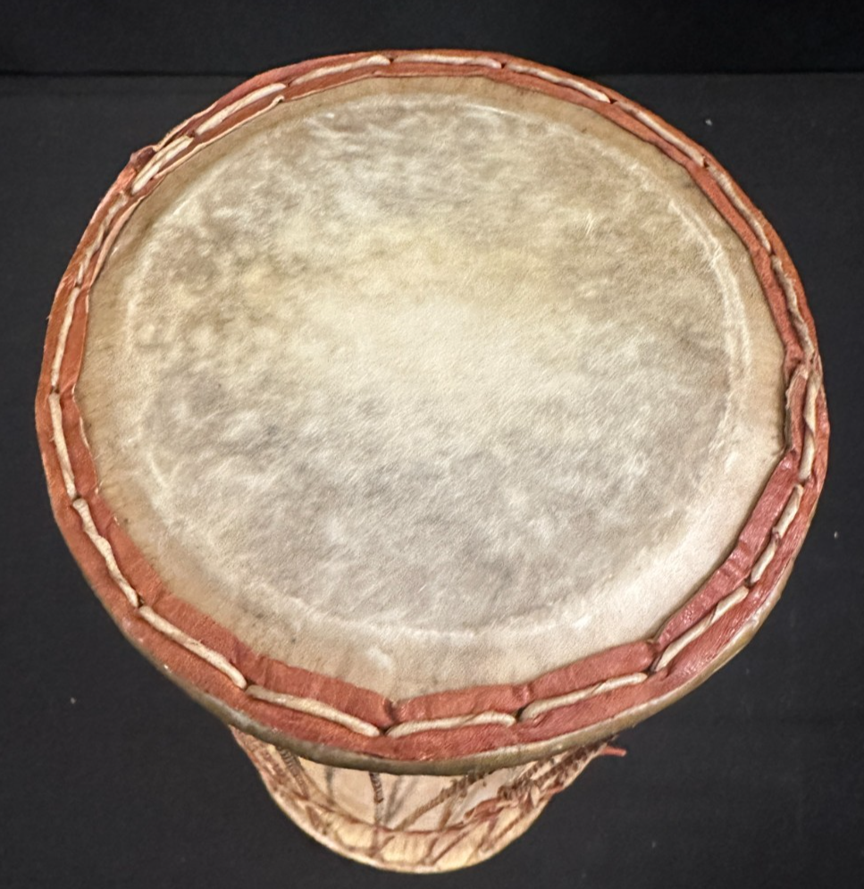 5" Talking Drum with skin heads, brown leather at stitching and ropes 10"H - Image 7