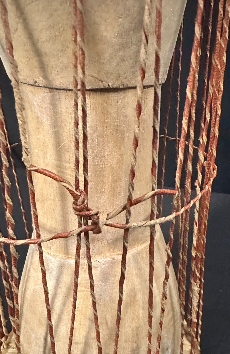 5" Talking Drum with skin heads, brown leather at stitching and ropes 10"H - Image 8