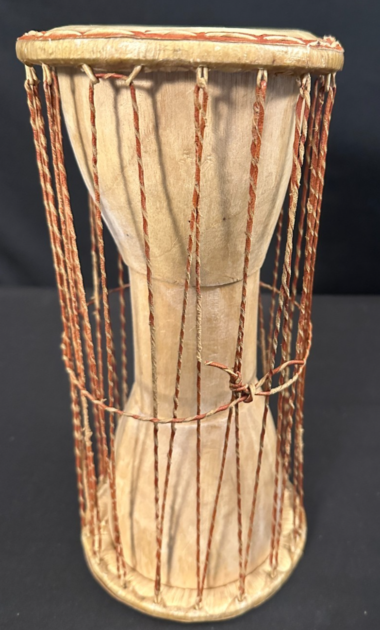 5" Talking Drum with skin heads, brown leather at stitching and ropes 10"H - Image 9