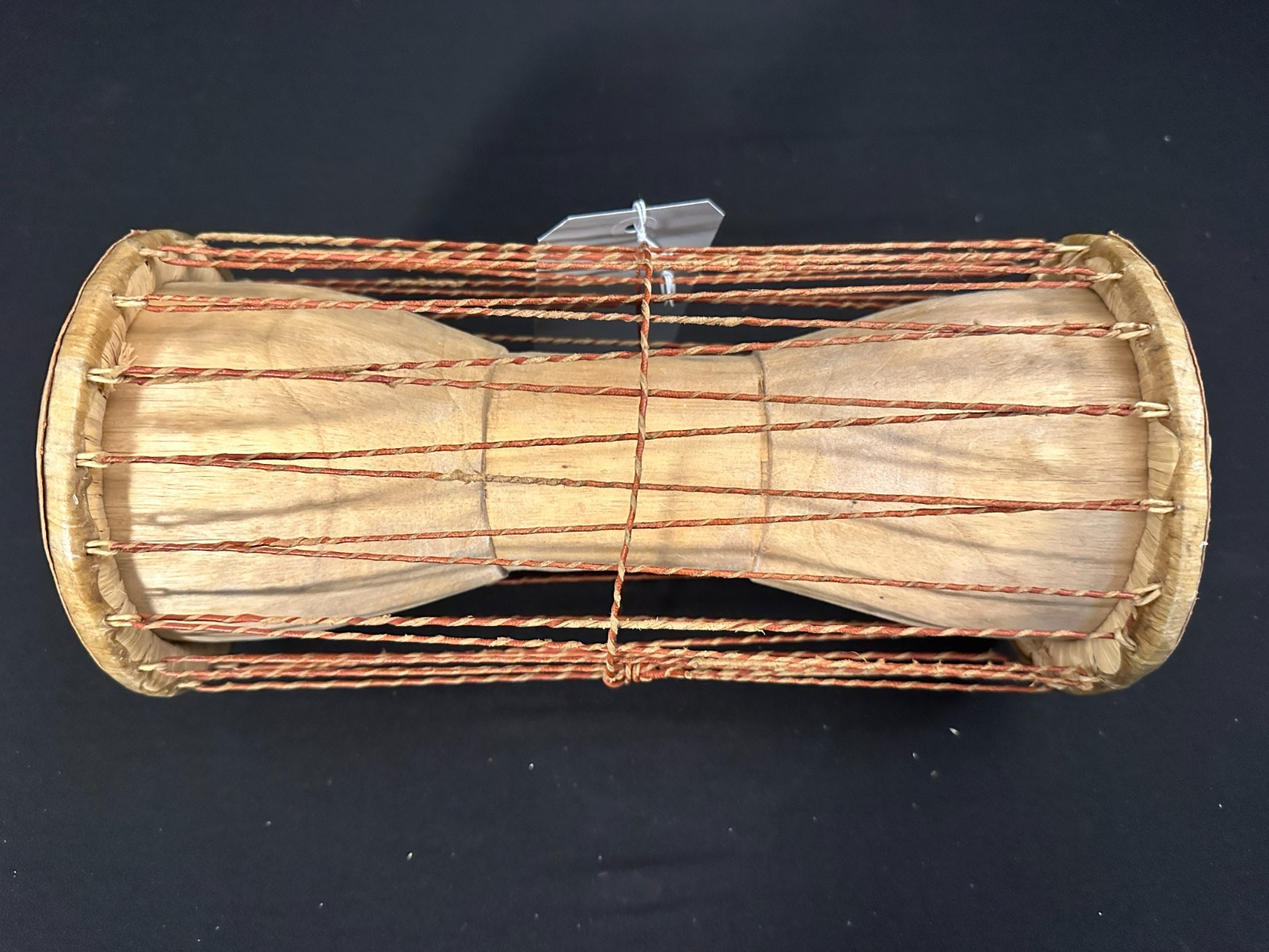 5" Talking Drum with skin heads, brown leather at stitching and ropes 10"H - Image 10