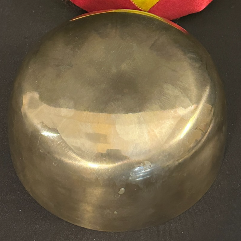 5" Brass singing bowl with red and yellow cushion, 2.5" deep, NO BEATER - Image 10